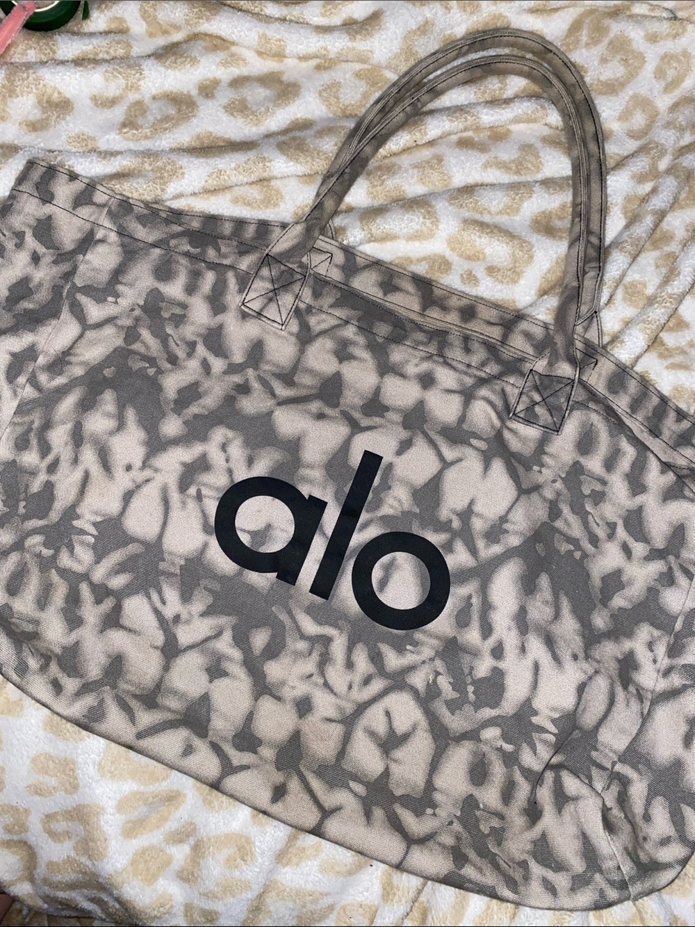 ALO Yoga Taupe Tie-Dye Canvas Tote with Black Logo